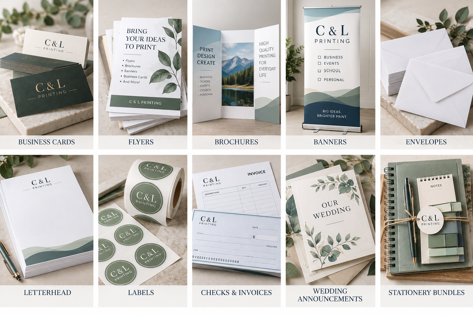 What We Print at C & L Printing - business cards, flyers, brochures, banners, envelopes, letterhead, labels, checks and invoices, wedding announcements and stationery bundles